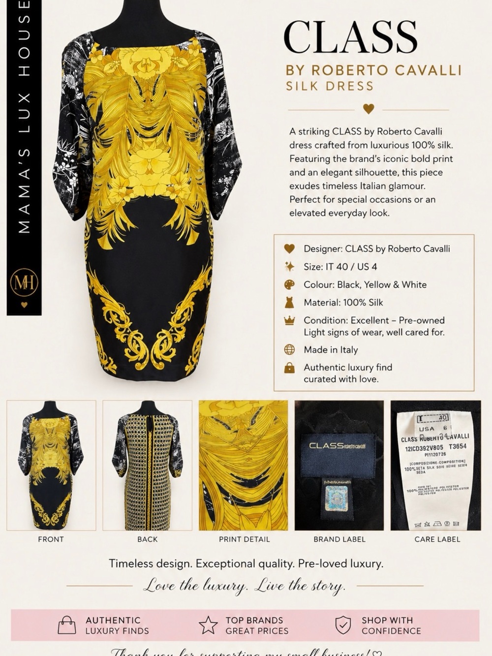 Roberto Cavalli Black, Yellow & White Silk Midi Dress